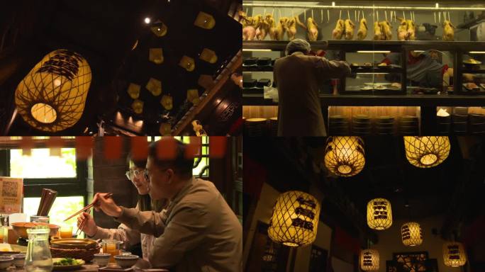 南京大排档饭店 食客享用美食 服务员上菜