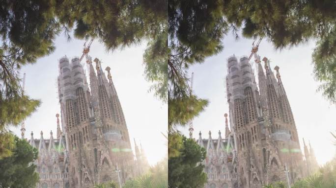 西班牙巴塞罗那标志性旅游景点圣家堂的延时摄影。