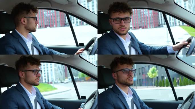 戴眼镜的年轻人开车在城市道路上转弯，系上安全带。交通，商业和人的概念。慢动作