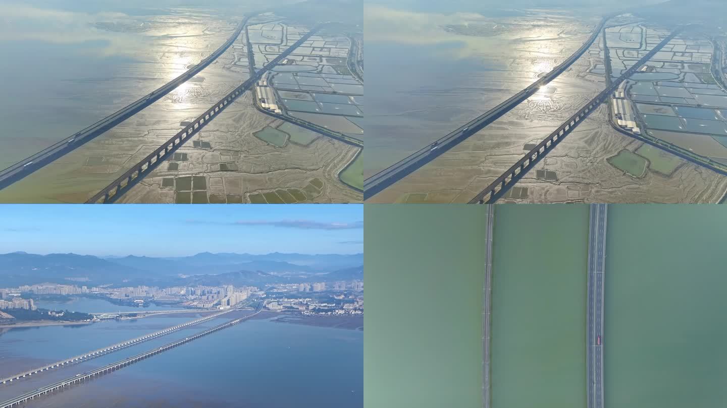 4K航拍跨海大桥连接城市与自然