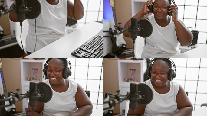 非裔美国女记者戴着耳机在广播演播室播报新闻