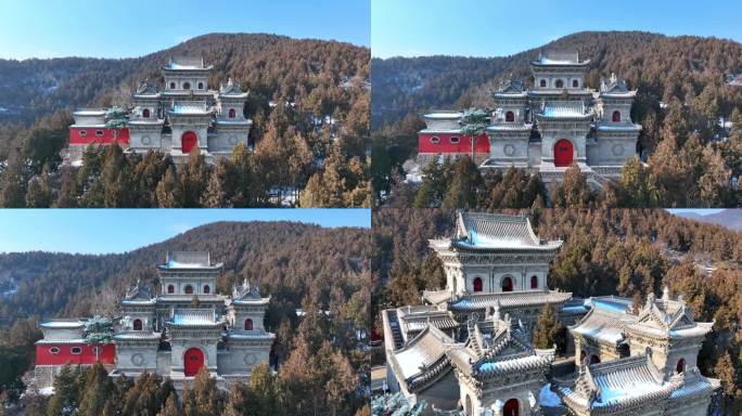 航拍山西太原晋祠公园悬瓮山悬瓮寺大雪