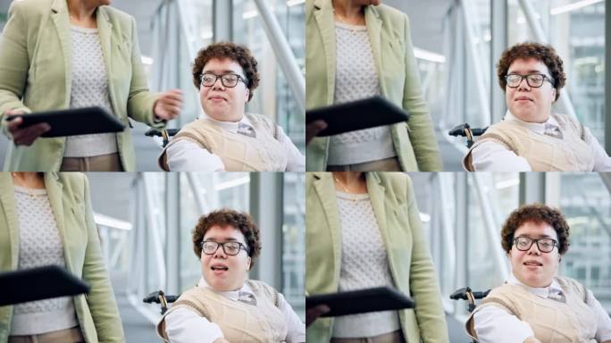 平板电脑，旅行，一位残疾妇女在酒店里与坐在轮椅上的护理人员交谈。待客之道，机场和一名员工在大堂或候机