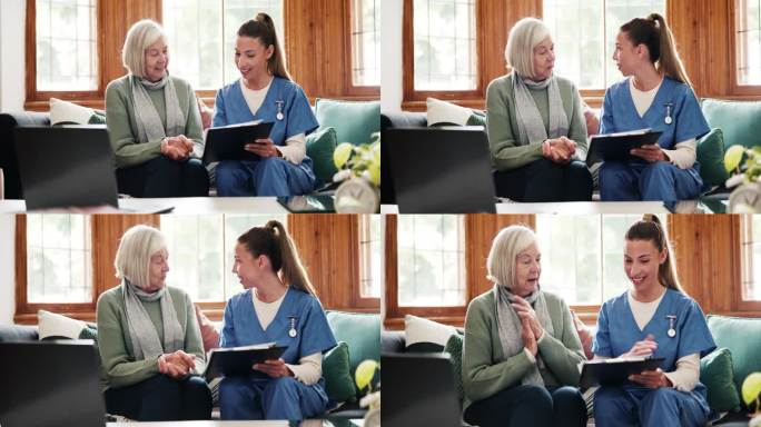 高兴时，老妇人或医生带着好消息、结果或报告病史在咨询谈话。检查表，鼓掌或护士与医疗更新，清除或微笑在