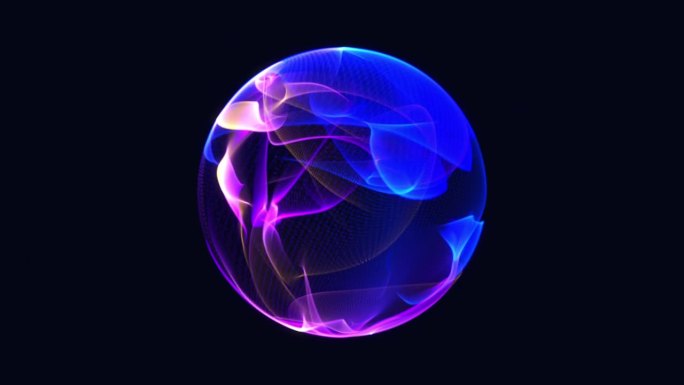 明亮的发光旋转粒子三维球体在宇宙中。抽象技术、科学、工程和人工智能背景。动画能量球。紫色和蓝色。