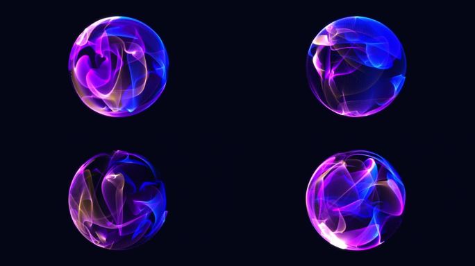 明亮的发光旋转粒子三维球体在宇宙中。抽象技术、科学、工程和人工智能背景。动画能量球。紫色和蓝色。