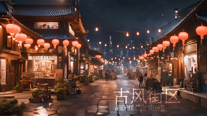 冬天的中国代城镇，挂满灯笼节日气氛浓厚