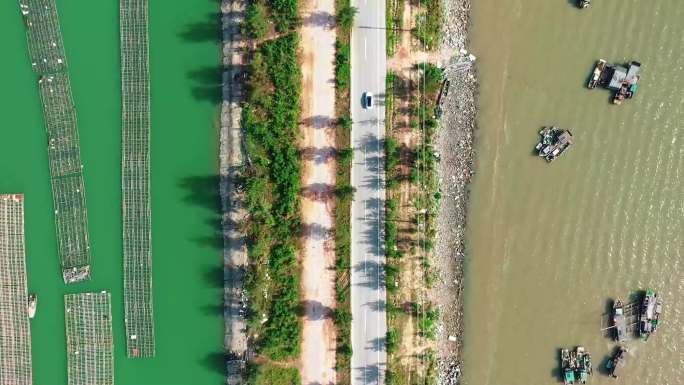 钦州红树湾生蚝产地海边公路航拍