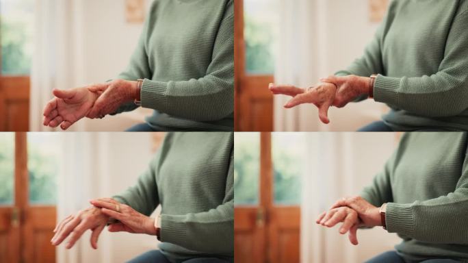 老年人，因帕金森氏症引起的手部和手腕疼痛，受伤或在家进行矫形护理。特写，老年人和健康风险关节炎，纤维