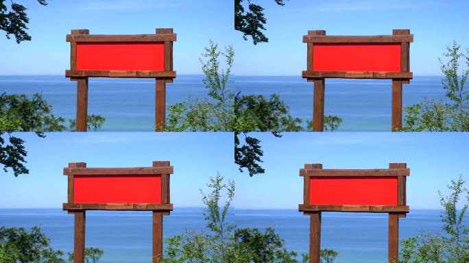 带有海洋背景的木制广告牌和自定义内容的孤立区域，4k慢动作60fps