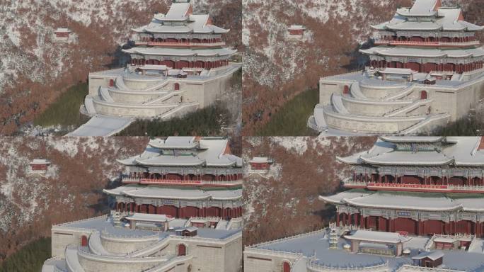 航拍威海市环翠区仙姑顶景区仙姑神殿雪景