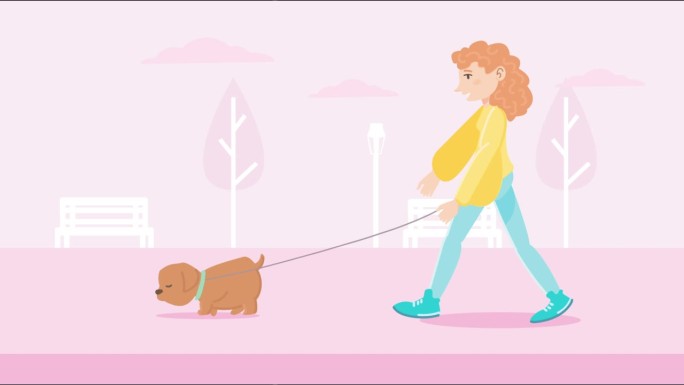 遛狗的女人。户外活动概念。
年轻女子在公园遛狗的2d动画。4 k决议。