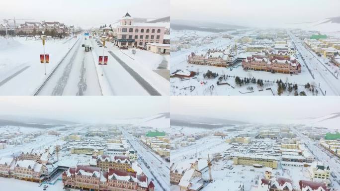 航拍阿尔山城市雪景