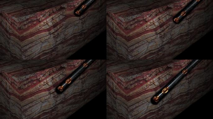 钻孔三维动画视图，显示钻头穿透储层岩石，钻屑通过环空流出