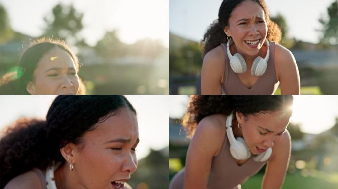 健身，锻炼和女人累了跑步和休息，休息或呼吸户外空气在早上的动力。黑人女性，在公园里流汗跑步进行有氧运