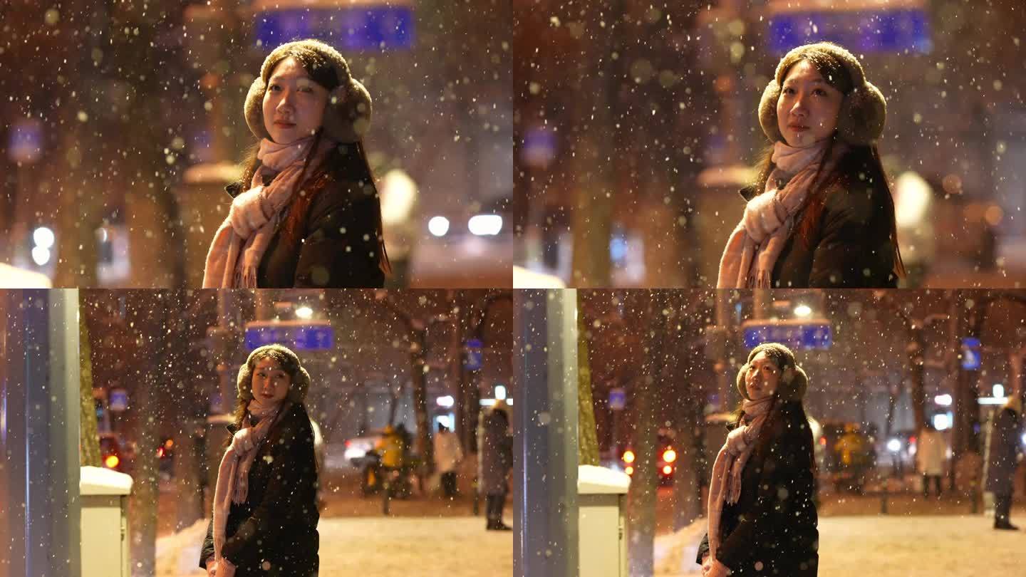 雪中美女拍照打卡 唯美雪景 雪中MV素材