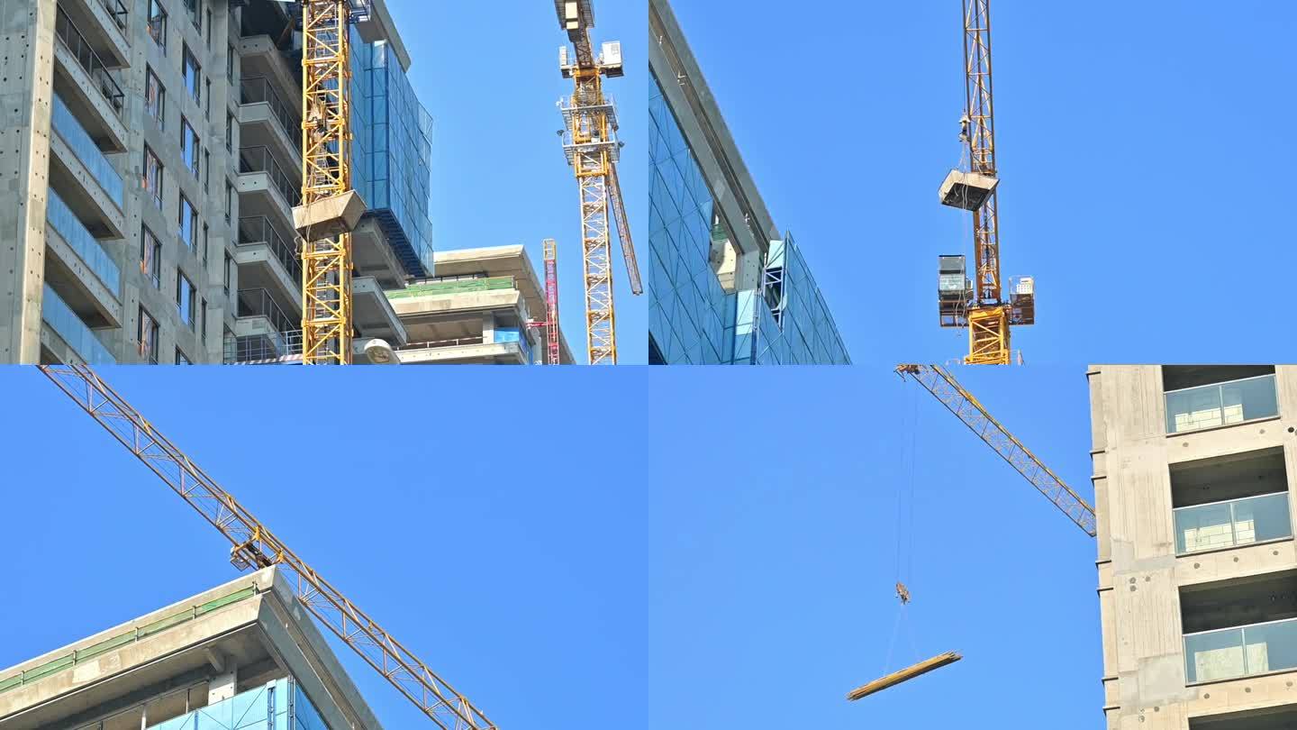 建筑工地塔吊，吊灰斗，吊建材，高空作业