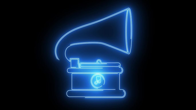 动画唱片机标志与发光的霓虹灯线