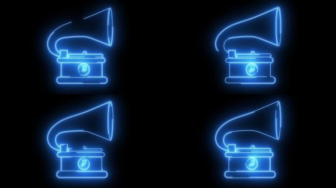 动画唱片机标志与发光的霓虹灯线