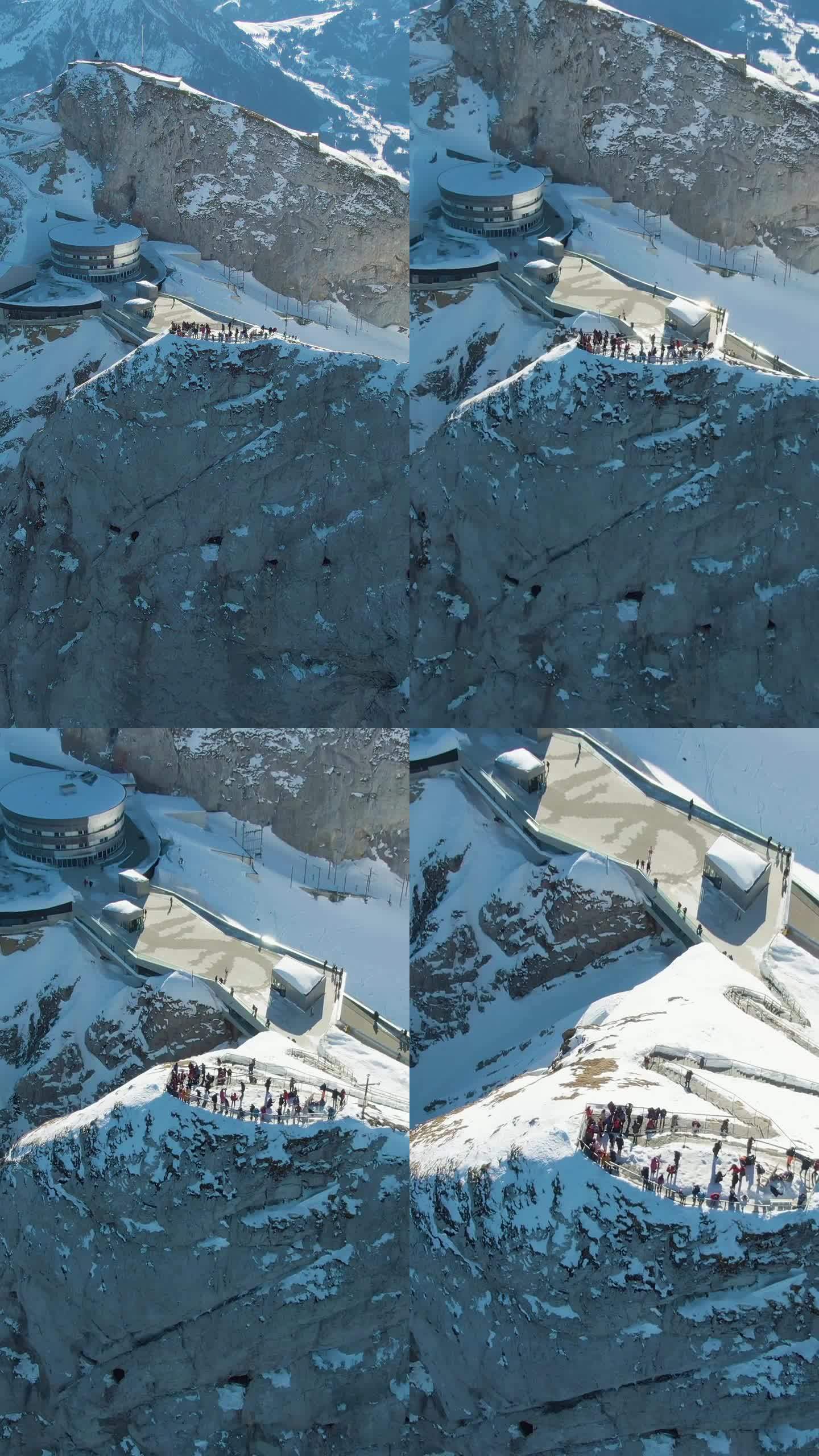 冬季皮拉图斯山与游客观景。瑞士。鸟瞰图。垂直视频