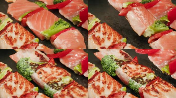平底锅烹饪鱼鲑鱼烤小吃串从真空塑料袋准备真空烹饪或烧烤，超市准备吃的食物。加入香料和蔬菜。特写，宏观