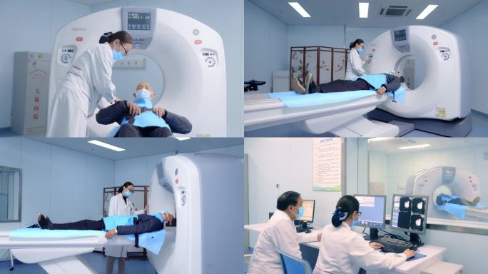 医院医生用大型仪器给患者做脑部CT检查
