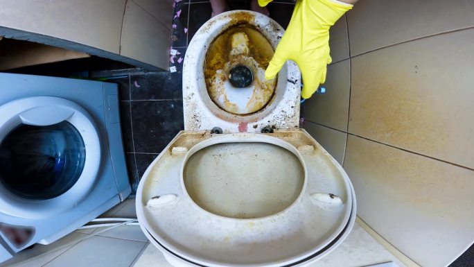 清洁工戴上手套，背景是一个非常脏的厕所。一名男子在肮脏的厕所上戴上黄色乳胶手套。打扫厕所。卫生间的地
