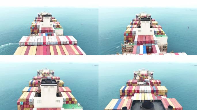 海运集装箱船尾部航迹航拍图，用于运输集装箱和出口的概念技术
