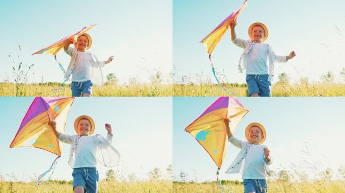 快的小男孩跑过田野，手里拿着风筝在他的头上迎风飘扬。夏天孩子在大自然中散步，玩得很开心。全家出城呼吸