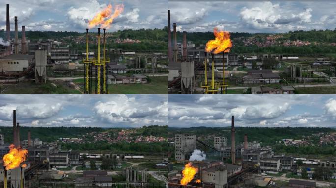 在化工厂燃烧火炬。化工企业烟囱着火对大气中有害物质的排放