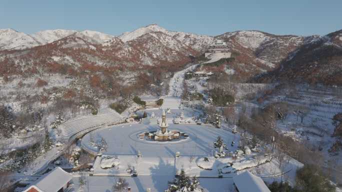 航拍威海里口山望岛集团仙姑顶景区冬季雪景