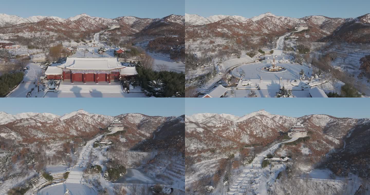 航拍威海里口山望岛集团仙姑顶景区冬季雪景