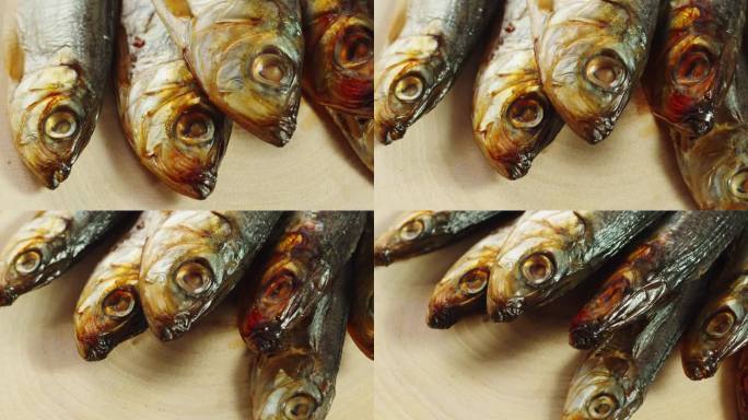 咸味干熏鱼作为啤酒小吃，咸味斯堪的纳维亚传统美食。海鱼干特写。