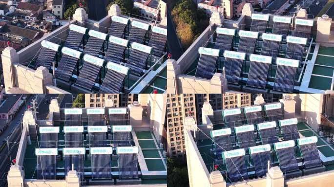 住宅小区屋顶的太阳能热水器航拍