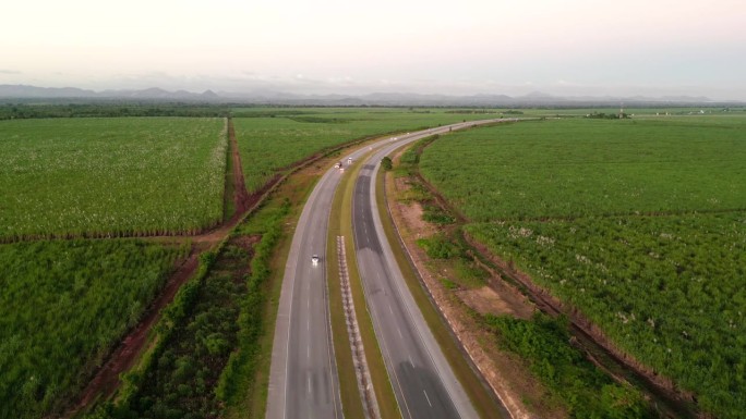 高速公路上的飞机在夕阳下播种庄稼的绿色农田之间飞行。多米尼加共和国生产糖和酒精的大型甘蔗种植园