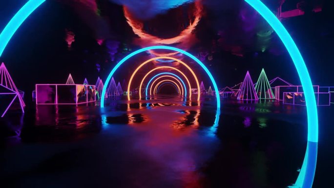 隧道有霓虹灯半圆和反光地板和许多霓虹灯人物。循环动画