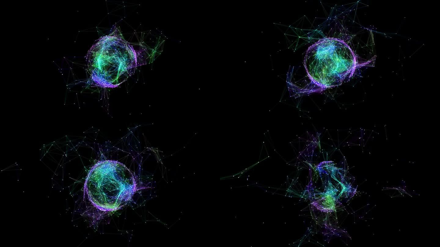球丛能量球。抽象的魔法球与分子。等离子球和能量球的线条和圆点结构在周围演化