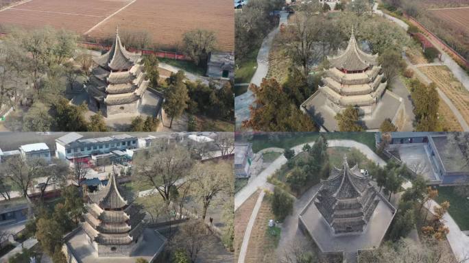 三原县寺庙风景仿古建筑文峰木塔塔楼航拍