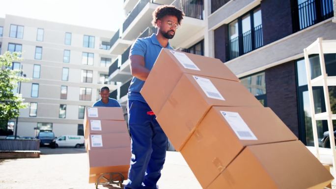 非裔美国人搬家公司。交付箱子