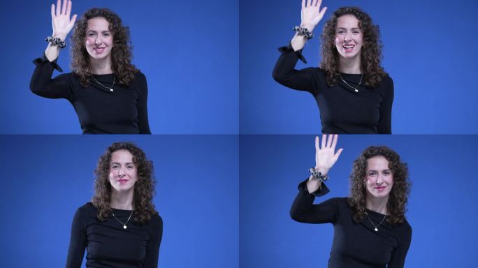 快乐的女人站在蓝色背景上用手势向镜头打招呼。20秒，有人向观众问好