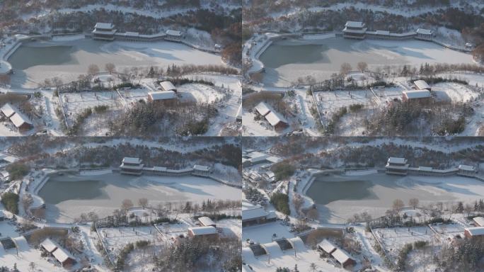 航拍威海里口山望岛集团仙姑顶景区冬季雪景