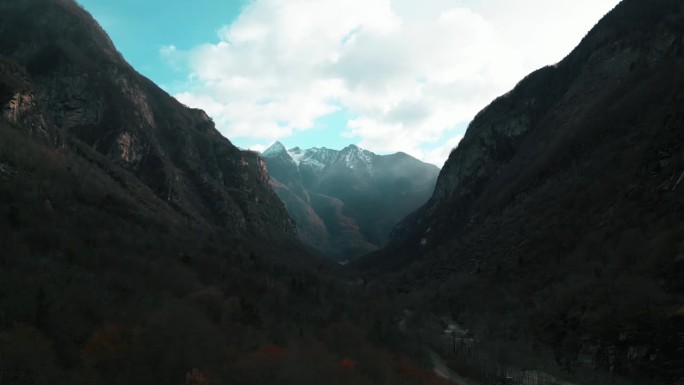 倾斜的无人机镜头慢慢地展示了位于瑞士瓦列马吉亚山谷树木之外的Cavergno石头村庄。