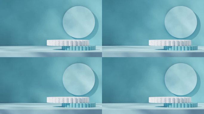 循环无缝阴影动画与蓝色墙壁和圆圈，渲染3d镜头模板蓝水磨石讲台的模型