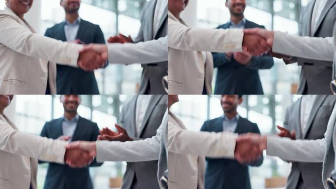 握手，鼓掌和团队的商业伙伴，交易或协议在办公室。握手，鼓掌和团队合作，b2b整合或收购，成功或庆祝