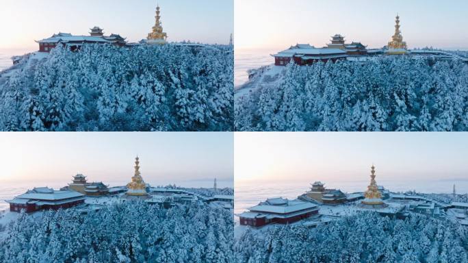 航拍四川峨眉山金顶冬季雪景云海美丽景观