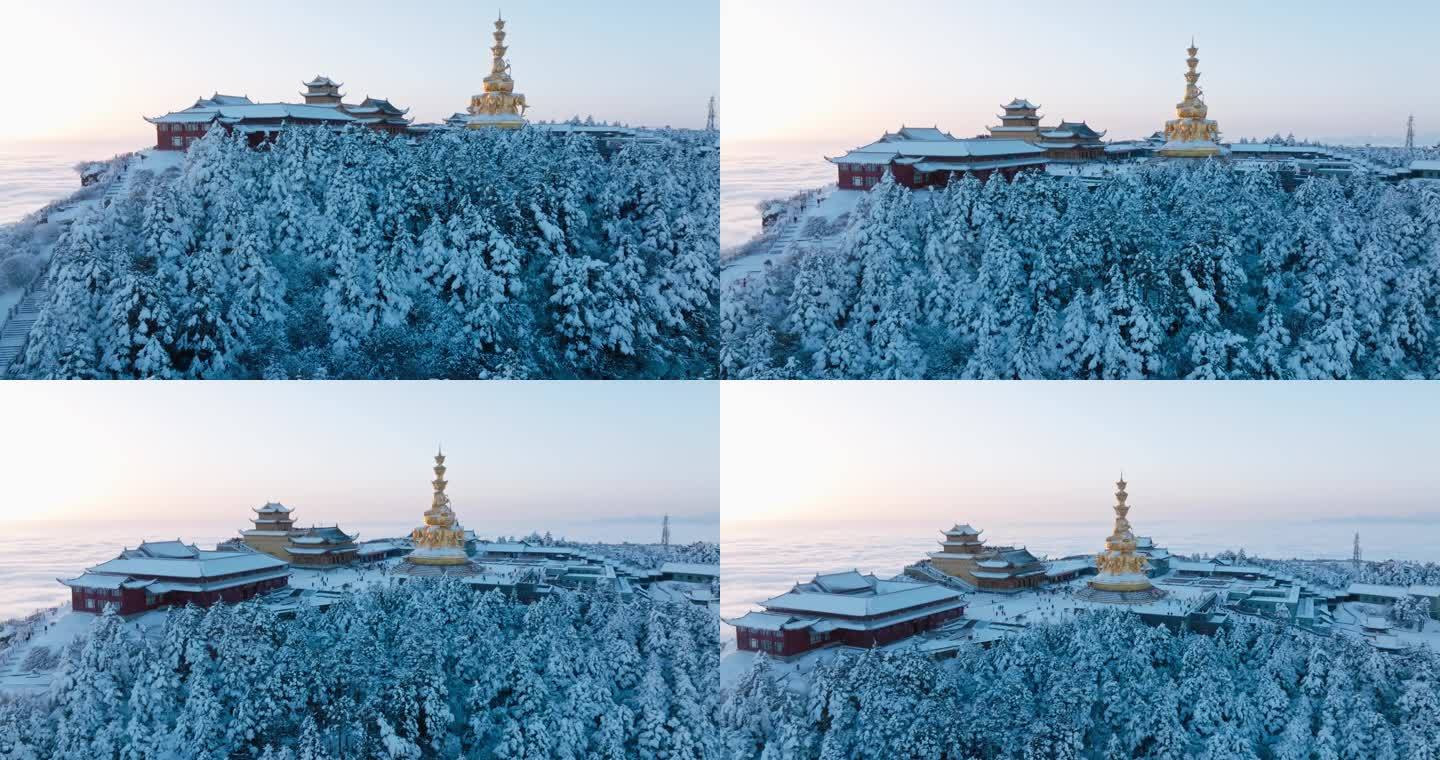 航拍四川峨眉山金顶冬季雪景云海美丽景观