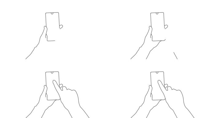 用手点击手机在白色背景上绘制单线动画。智能手机在手