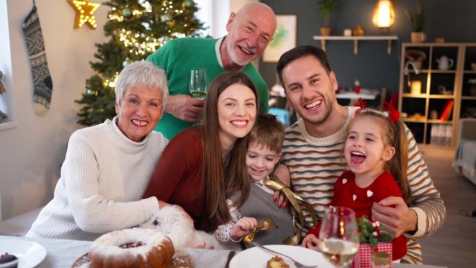 一个多代同堂的白人家庭在圣诞午餐时的肖像
