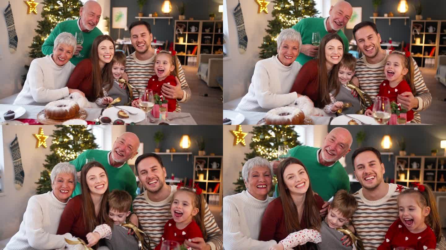一个多代同堂的白人家庭在圣诞午餐时的肖像