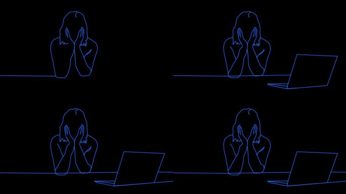 疲惫的女商人坐在笔记本电脑前，长时间的创意概念动画与单线绘图。工作压力大的女性。